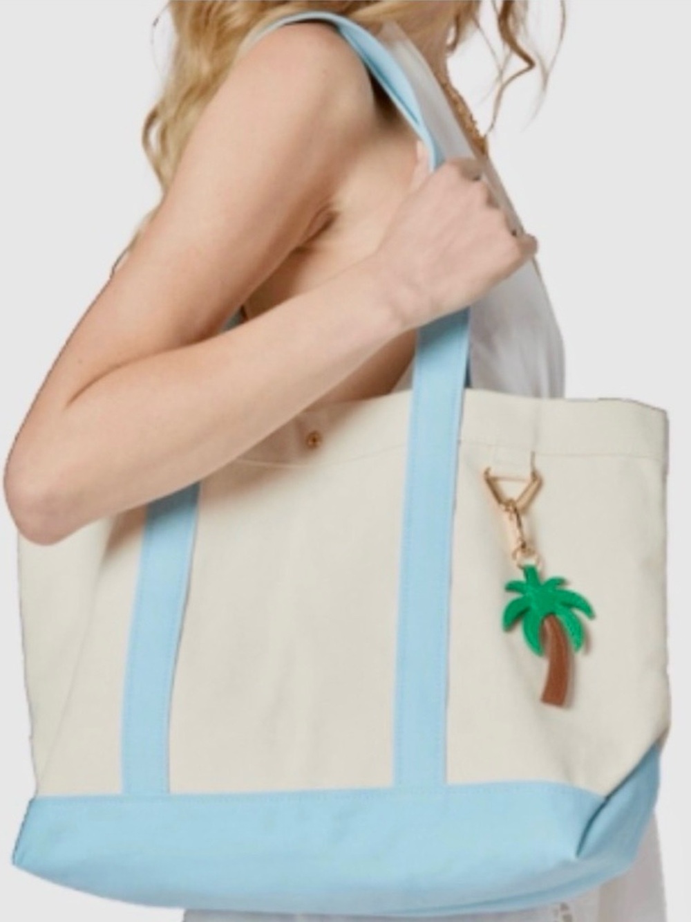 Baublebar Canvas Tote Bag with Light Blue Trim and detachable Palm Charm